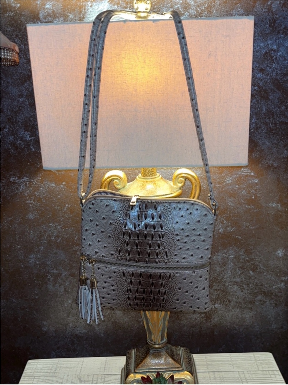 Tan Ostrich-Texture Brahmin Look Crossbody Bag with Tassel Accent Zipper